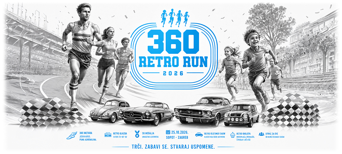 360 Retro Run 2026 – ilustracija trkača, djece i oldtimera na atletskoj stazi